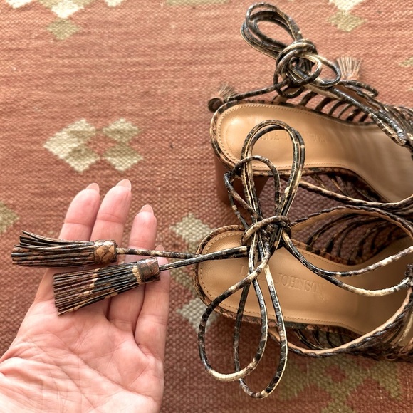 Ulla Johnson Rayna snake print leather lace up high heeled sandals wrap tassels - Picture 6 of 9